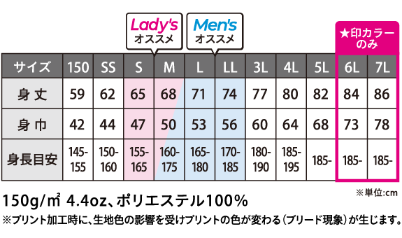 ドライロングスリーブTシャツのサイズ：150、SS、S、M、L、LL、3L、4L、5L、6L、7L
