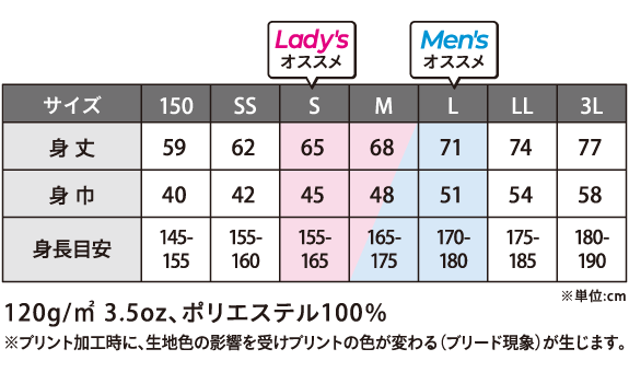プチプラドライTシャツのサイズ：150、SS、S、M、L、LL、3L